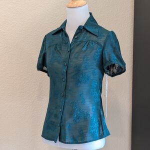 Unique Vintage Teal Burnout Button-Up Blouse — XS/2 — NWT